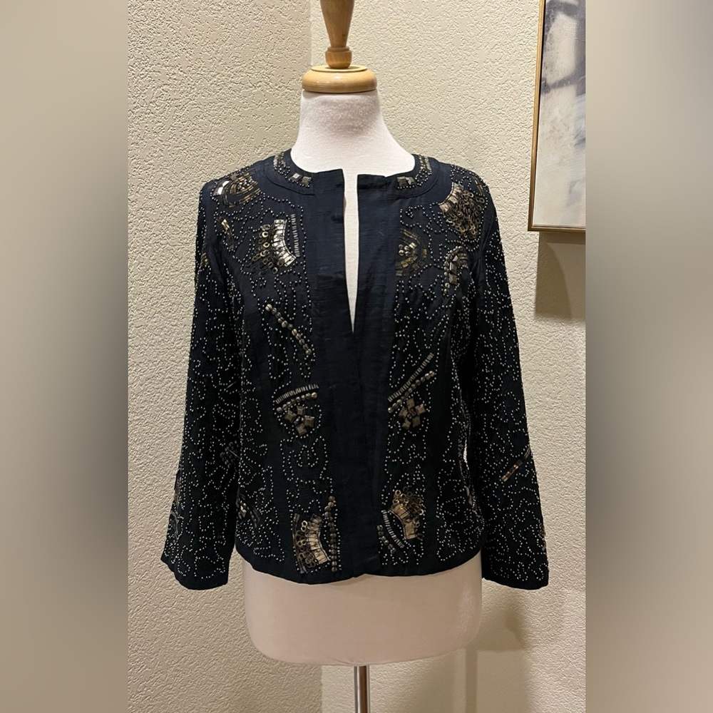 Chicos Evening Beaded Sequins Embellished Black Jacket 0 S